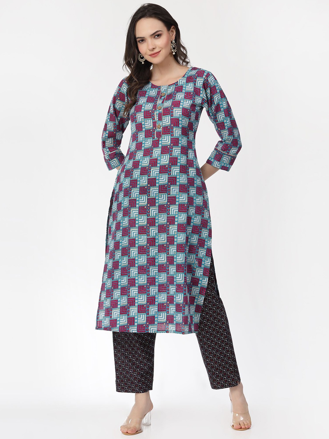 KALINI Geometric Printed Gotta Patti Detailed Pure Cotton Straight Kurta with Trousers, Blue
KALINI Geometric Printed Gotta Patti Detailed Pure Cotton Straight Kurta with Trousers, Blue