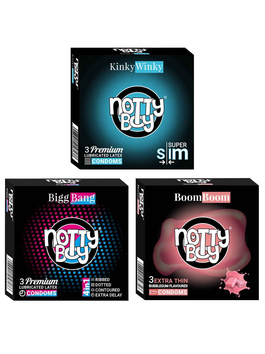 noTTy Boy Set of 3 Ribbed Dotted Premium Lubricated Latex Condoms - 3 pcs each, Black
noTTy Boy Set of 3 Ribbed Dotted Premium Lubricated Latex Condoms - 3 pcs each, Black