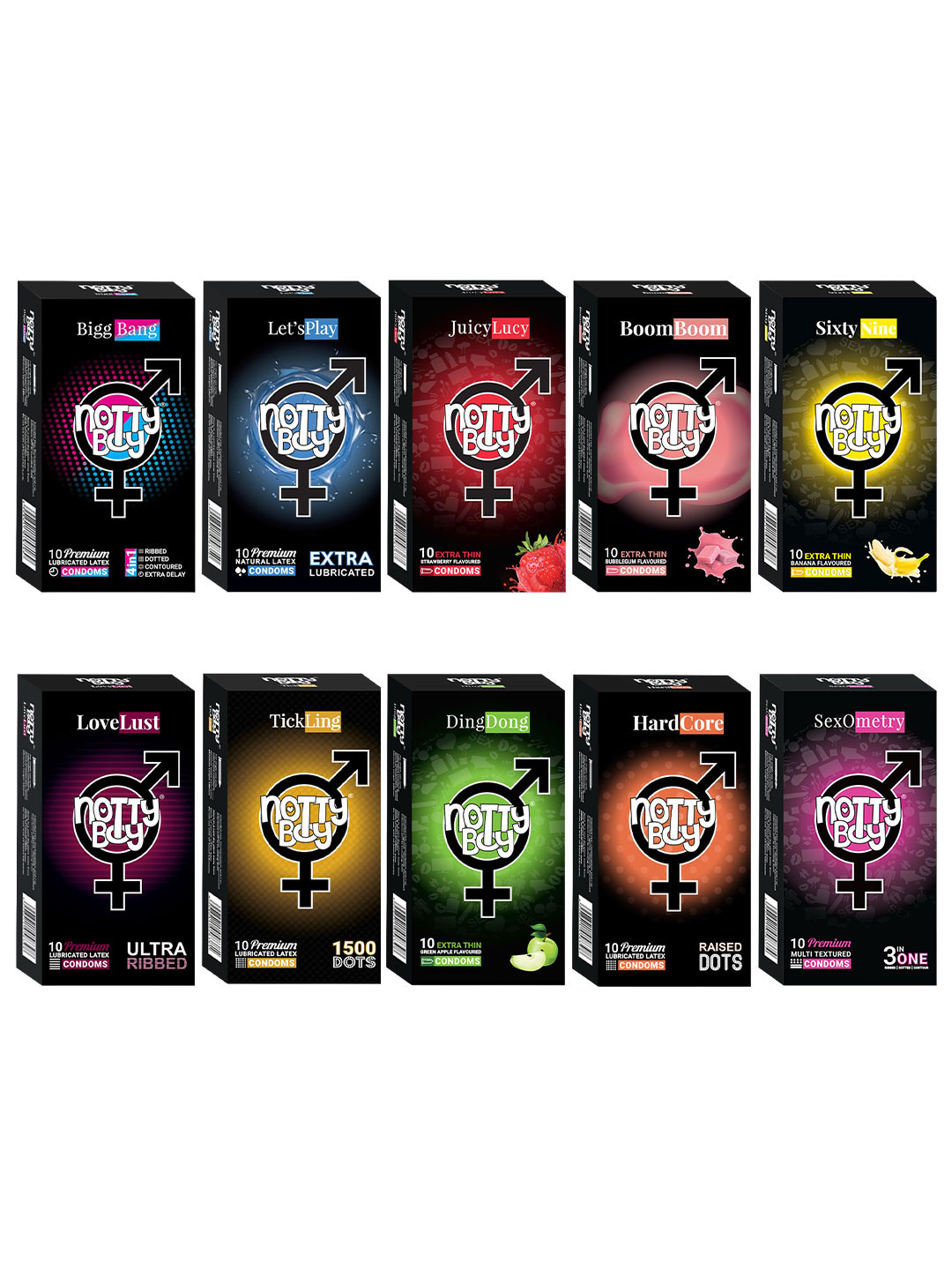 noTTy Boy Set Of 10 Dotted & Ribbed Ultra Thin Lubricated Condoms - 10Pcs Each, Black
noTTy Boy Set Of 10 Dotted & Ribbed Ultra Thin Lubricated Condoms - 10Pcs Each, Black