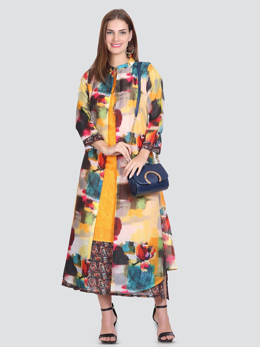 Elthia Abstract Printed Mandarin Collar Georgette A-Line Midi Dress, Gold
Elthia Abstract Printed Mandarin Collar Georgette A-Line Midi Dress, Gold