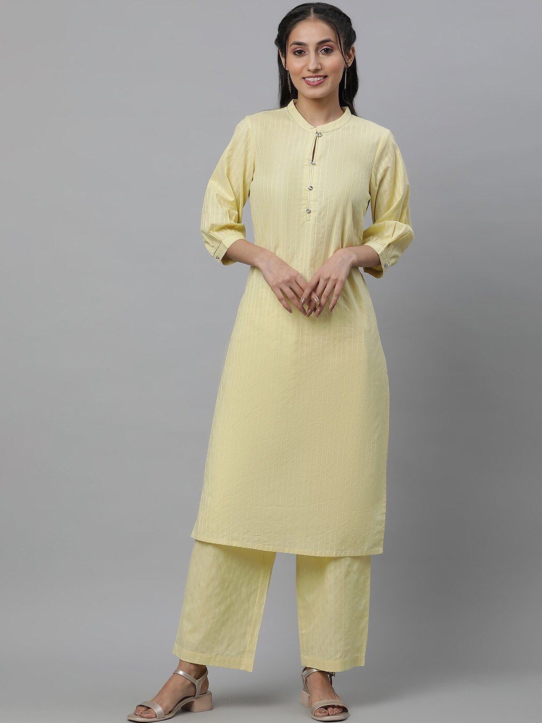 AURELIA Striped Zari Detail Mandarin Collar Cuffed Sleeves Kurta with Palazzos, Yellow
AURELIA Striped Zari Detail Mandarin Collar Cuffed Sleeves Kurta with Palazzos, Yellow