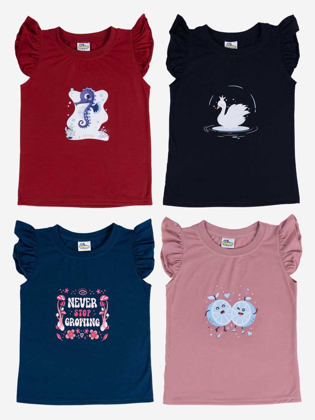 Cutiekins Girls Pack Of 4 Printed Cotton T-shirt, Maroon