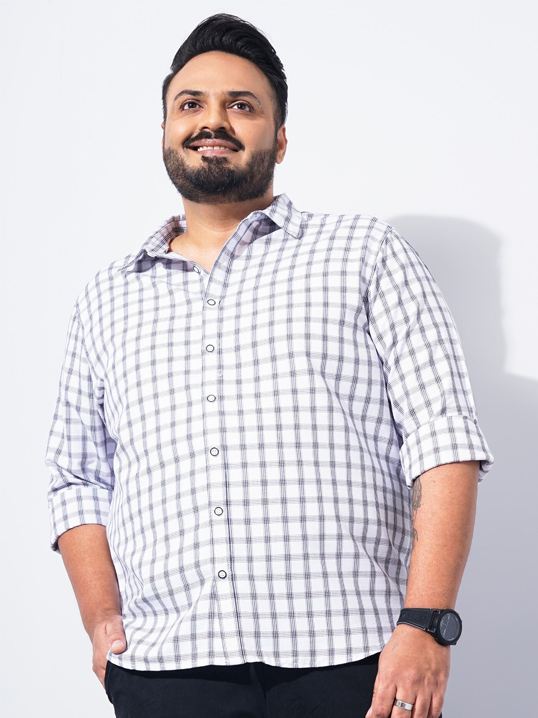 The Indian Garage Co Plus Size Windowpane Checked Cotton Casual Shirt, White 
The Indian Garage Co Plus Size Windowpane Checked Cotton Casual Shirt, White
