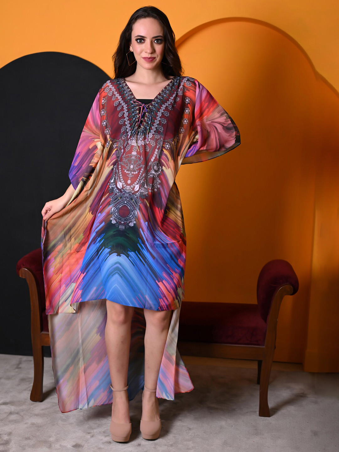 Rajoria Instyle Abstract Printed Tie-Up Neck Kimono Sleeve Georgette Kaftan Dress, Blue
Rajoria Instyle Abstract Printed Tie-Up Neck Kimono Sleeve Georgette Kaftan Dress, Blue