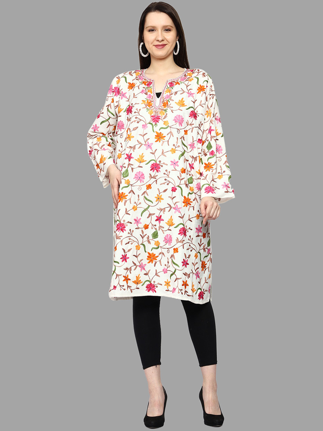CRAFTBAZAR Floral Printed Keyhole Neck Flared Sleeves Thread Work Woollen Kurta, Cream
CRAFTBAZAR Floral Printed Keyhole Neck Flared Sleeves Thread Work Woollen Kurta, Cream