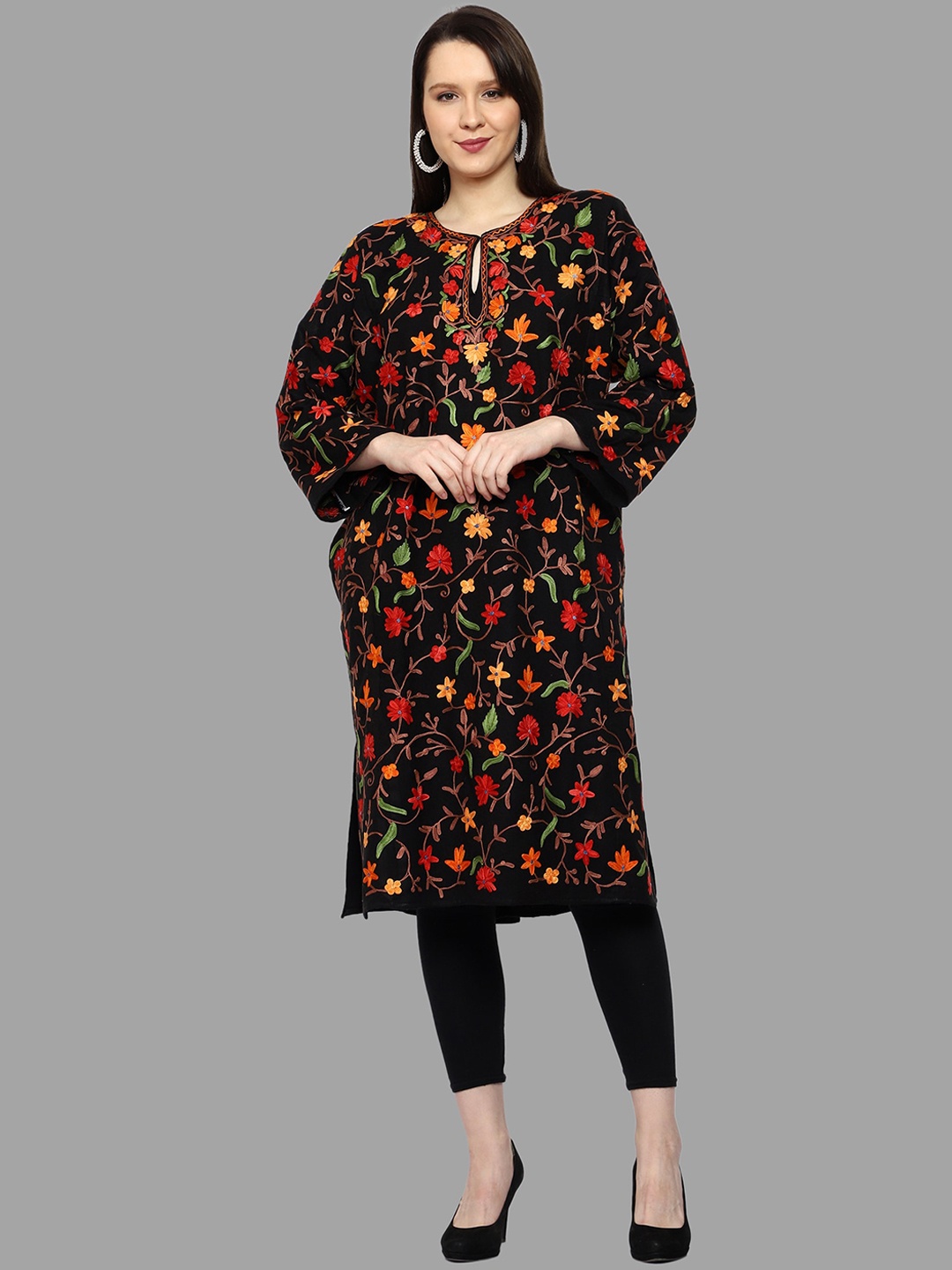 CRAFTBAZAR Floral Printed Keyhole Neck Flared Sleeves Thread Work Woollen Kurta, Black
CRAFTBAZAR Floral Printed Keyhole Neck Flared Sleeves Thread Work Woollen Kurta, Black