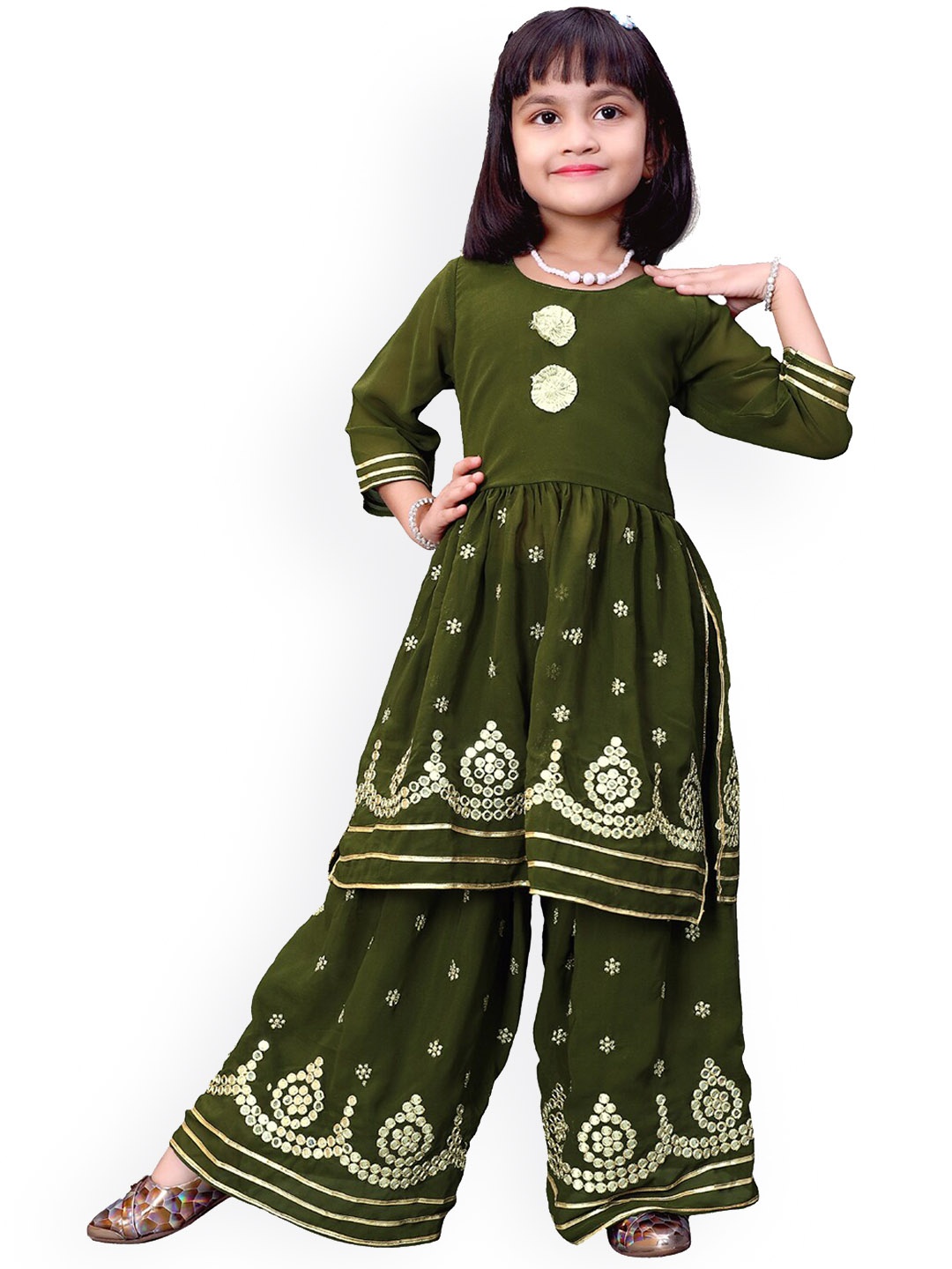 BAESD Girls Ethnic Motifs Embroidered Mirror Work Detailed A-Line Kurta with Palazzos, Olive
BAESD Girls Ethnic Motifs Embroidered Mirror Work Detailed A-Line Kurta with Palazzos, Olive