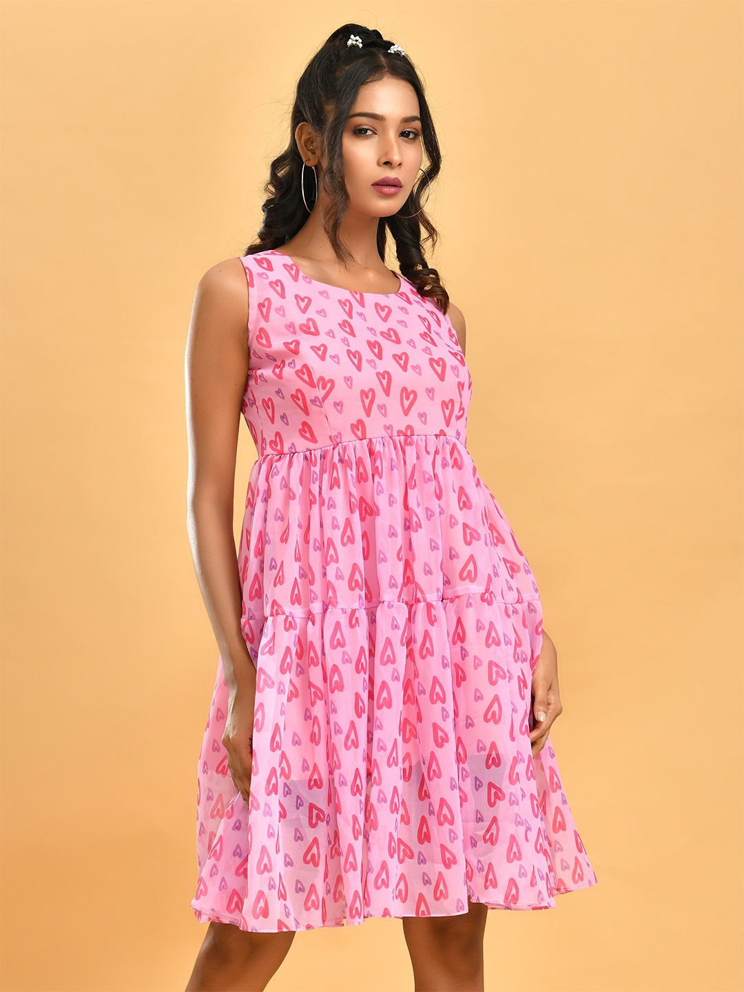 Disli Conversational Printed Round Neck Georgette Fit & Flare Dress, Pink