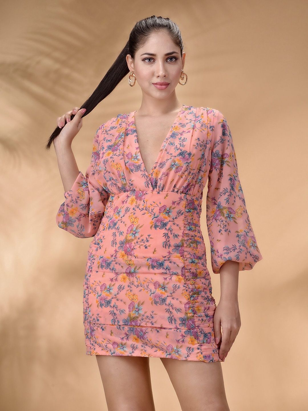 Disli Floral Printed Flared Sleeves Gathered Detailed Georgette Sheath Mini Dress, Peach