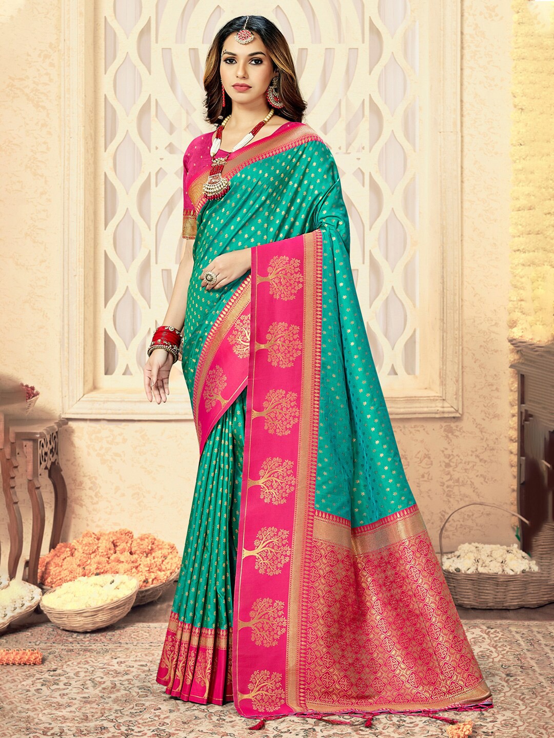 Mitera Woven Design Zari Saree, Sea green