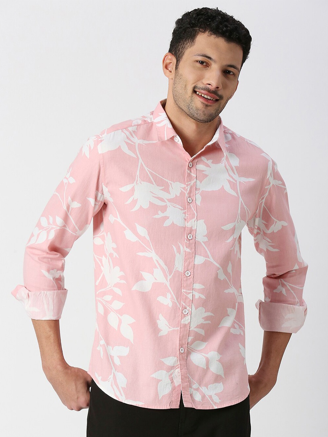 SNX Tailored Fit Floral Printed Pure Cotton Casual Shirt, Pink