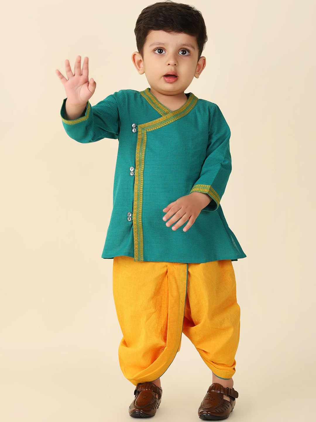 Fabindia Infant Boys Striped V-Neck Angrakha Pure Cotton Kurta with Dhoti Pants, Teal
Fabindia Infant Boys Striped V-Neck Angrakha Pure Cotton Kurta with Dhoti Pants, Teal