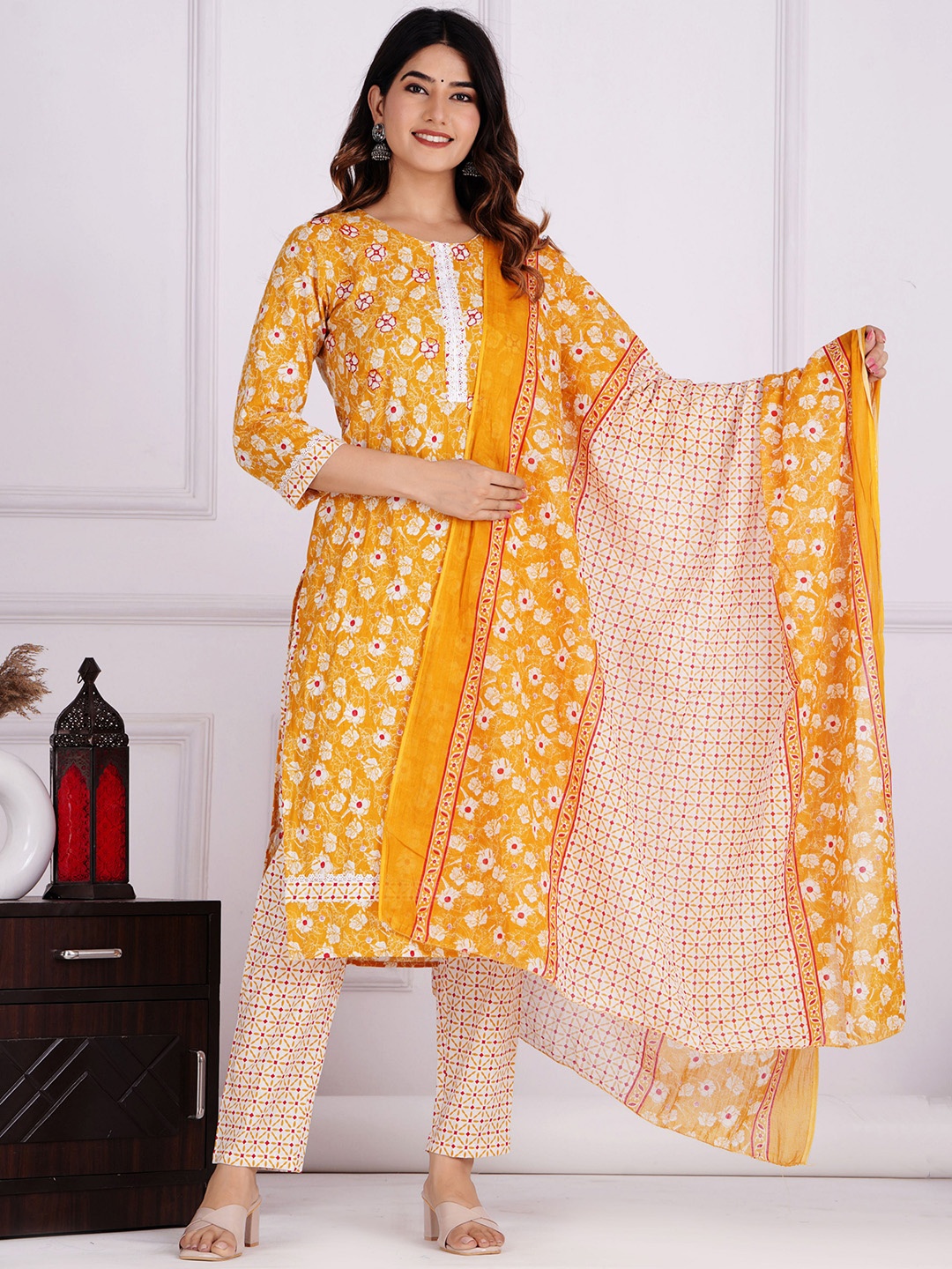 KALINI Floral Printed Thread Work Pure Cotton Straight Kurta & Trousers With Dupatta, Yellow
KALINI Floral Printed Thread Work Pure Cotton Straight Kurta & Trousers With Dupatta, Yellow