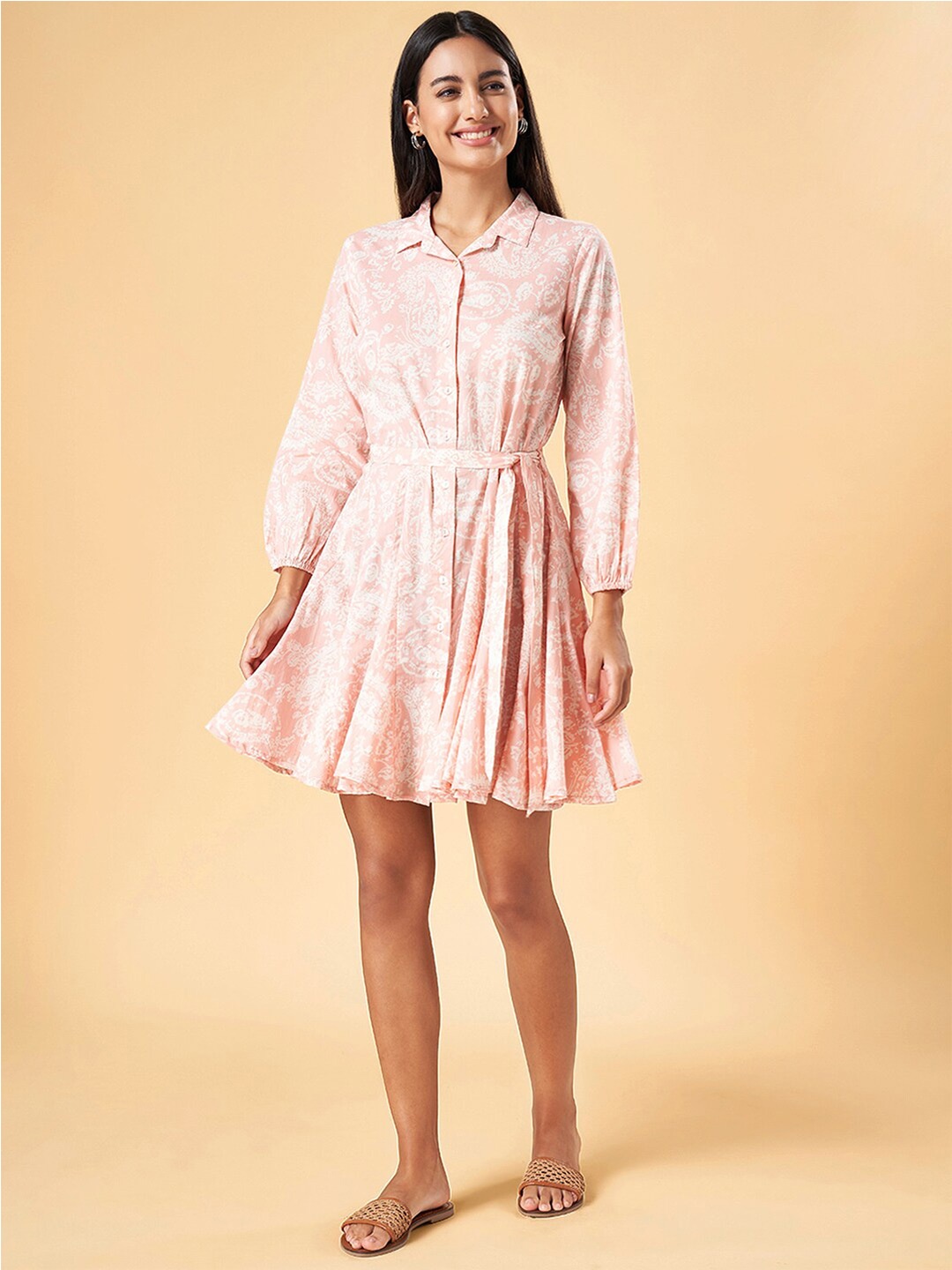 AKKRITI BY PANTALOONS Ethnic Motifs Printed Shirt Collar Belted Cotton Fit & Flare Dress, Pink
AKKRITI BY PANTALOONS Ethnic Motifs Printed Shirt Collar Belted Cotton Fit & Flare Dress, Pink