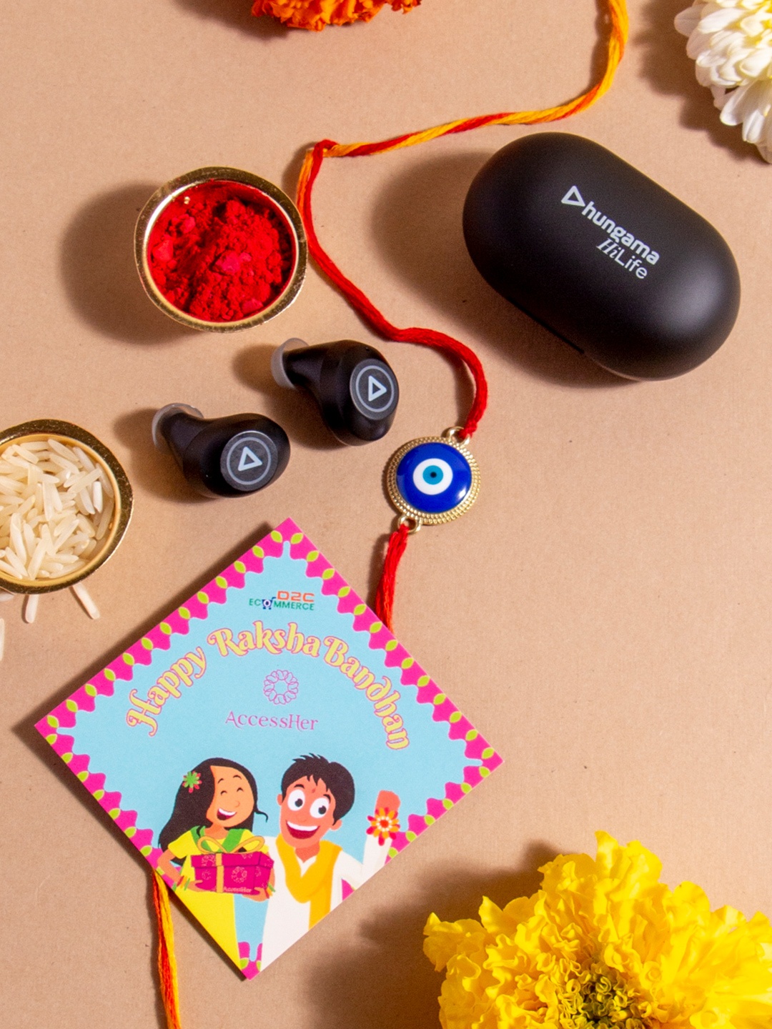 AccessHer Set Of 3 Rakhi With Hungama Earbuds 101, Roli Kumkum & Rakshabandhan Card, Red
AccessHer Set Of 3 Rakhi With Hungama Earbuds 101, Roli Kumkum & Rakshabandhan Card, Red