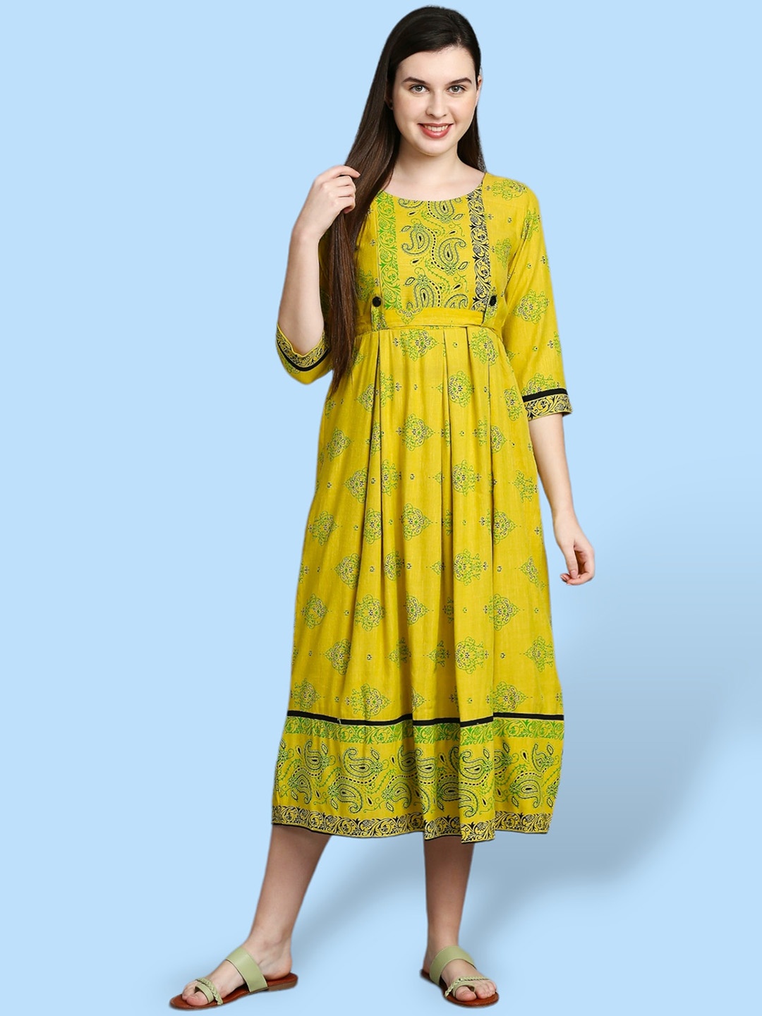 True Shape Ethnic Motifs Printed Midi Flared Maternity Ethnic Dress with Nursing Zips, Yellow
True Shape Ethnic Motifs Printed Midi Flared Maternity Ethnic Dress with Nursing Zips, Yellow