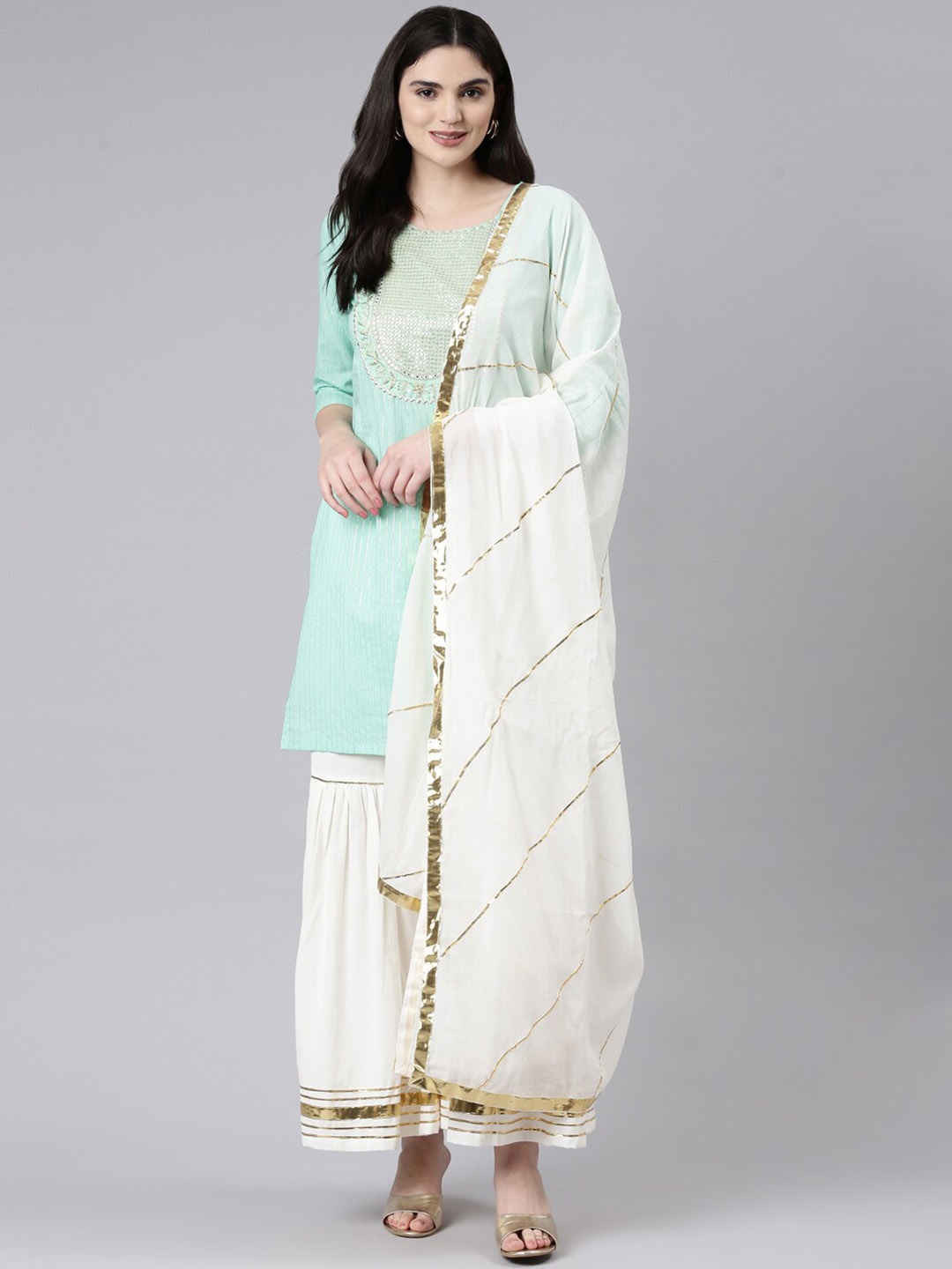 ERISHA Ethnic Motifs Yoke Design Gotta Patti Pure Cotton Kurta With Sharara & Dupatta, Sea green
ERISHA Ethnic Motifs Yoke Design Gotta Patti Pure Cotton Kurta With Sharara & Dupatta, Sea green