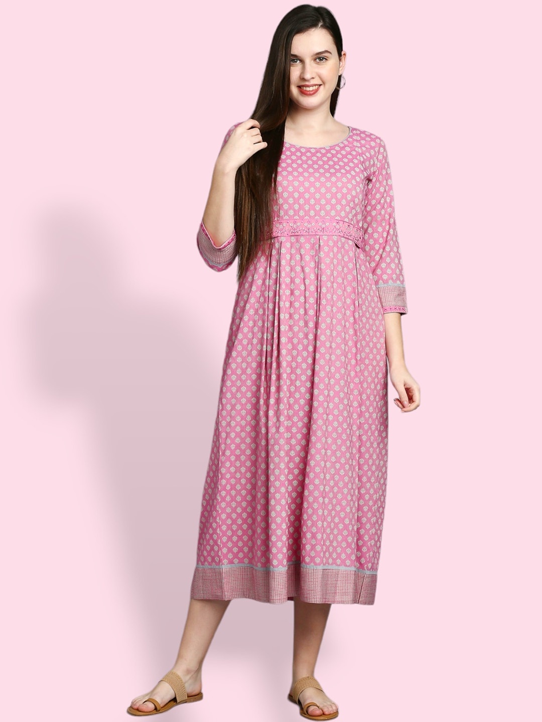 True Shape Ethnic Motifs Printed Maternity Dress, Pink
