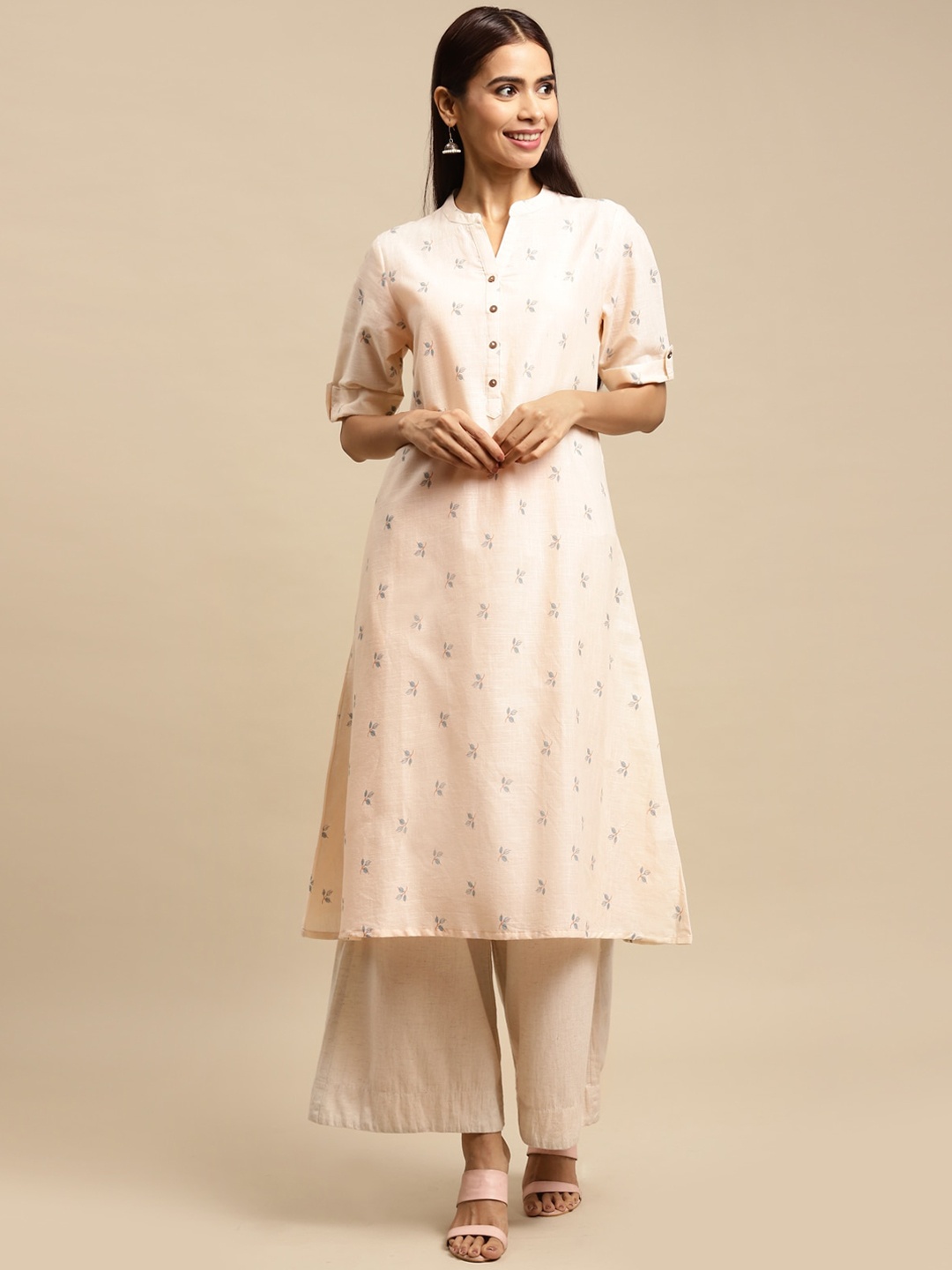 Rangita Floral Printed Mandarin Collar Roll-Up Sleeves Pure Cotton A-Line Kurta, Beige
Rangita Floral Printed Mandarin Collar Roll-Up Sleeves Pure Cotton A-Line Kurta, Beige