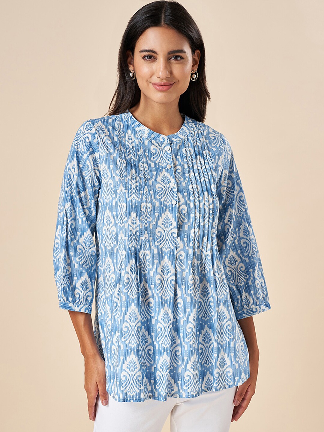 AKKRITI BY PANTALOONS Ethnic Motifs Printed Mandarin Collar Cuffed Sleeves Cotton Top, Blue
AKKRITI BY PANTALOONS Ethnic Motifs Printed Mandarin Collar Cuffed Sleeves Cotton Top, Blue