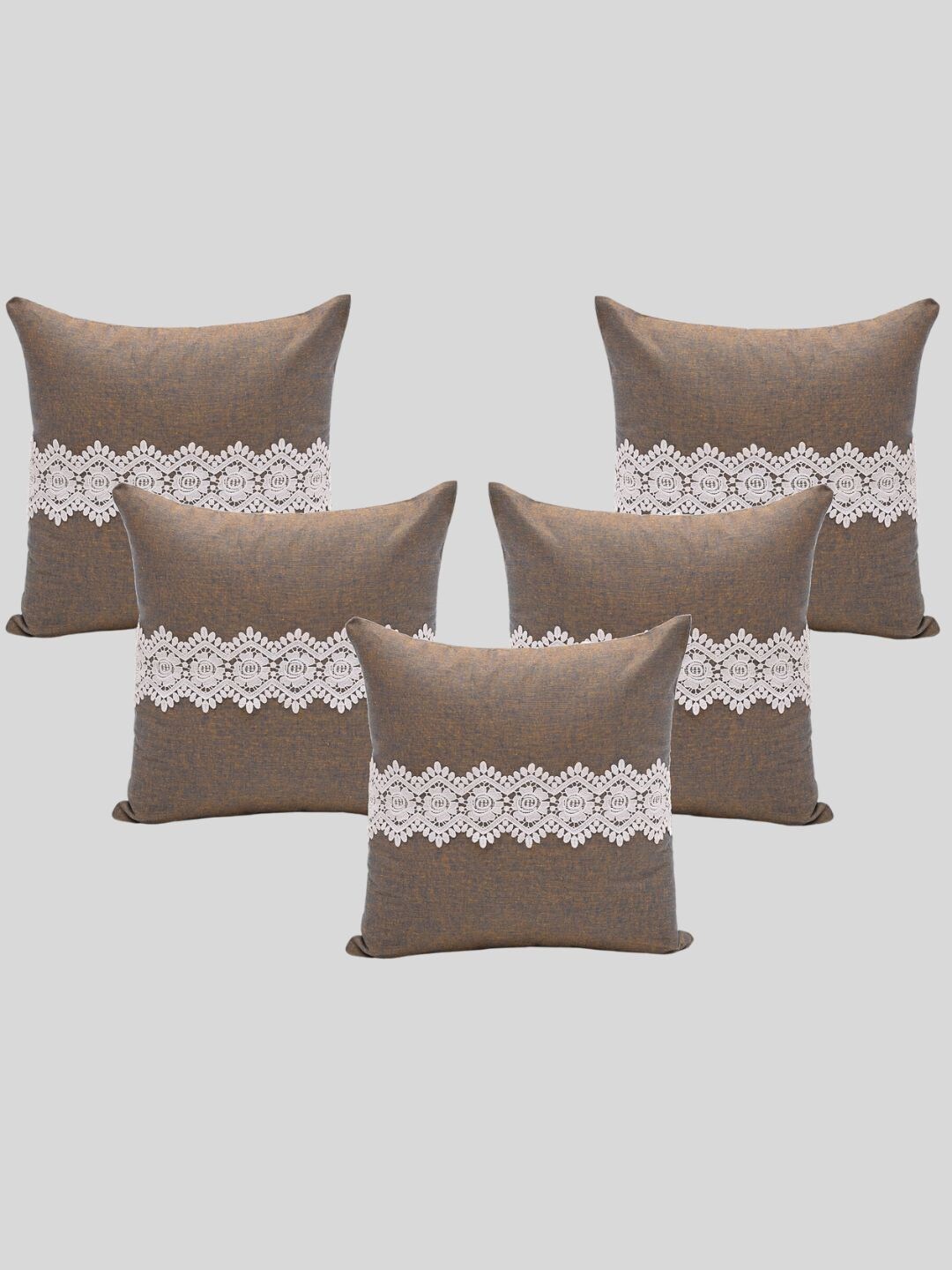 OUSSUM Brown & White 5-Pieces Cotton Square Cushion Covers