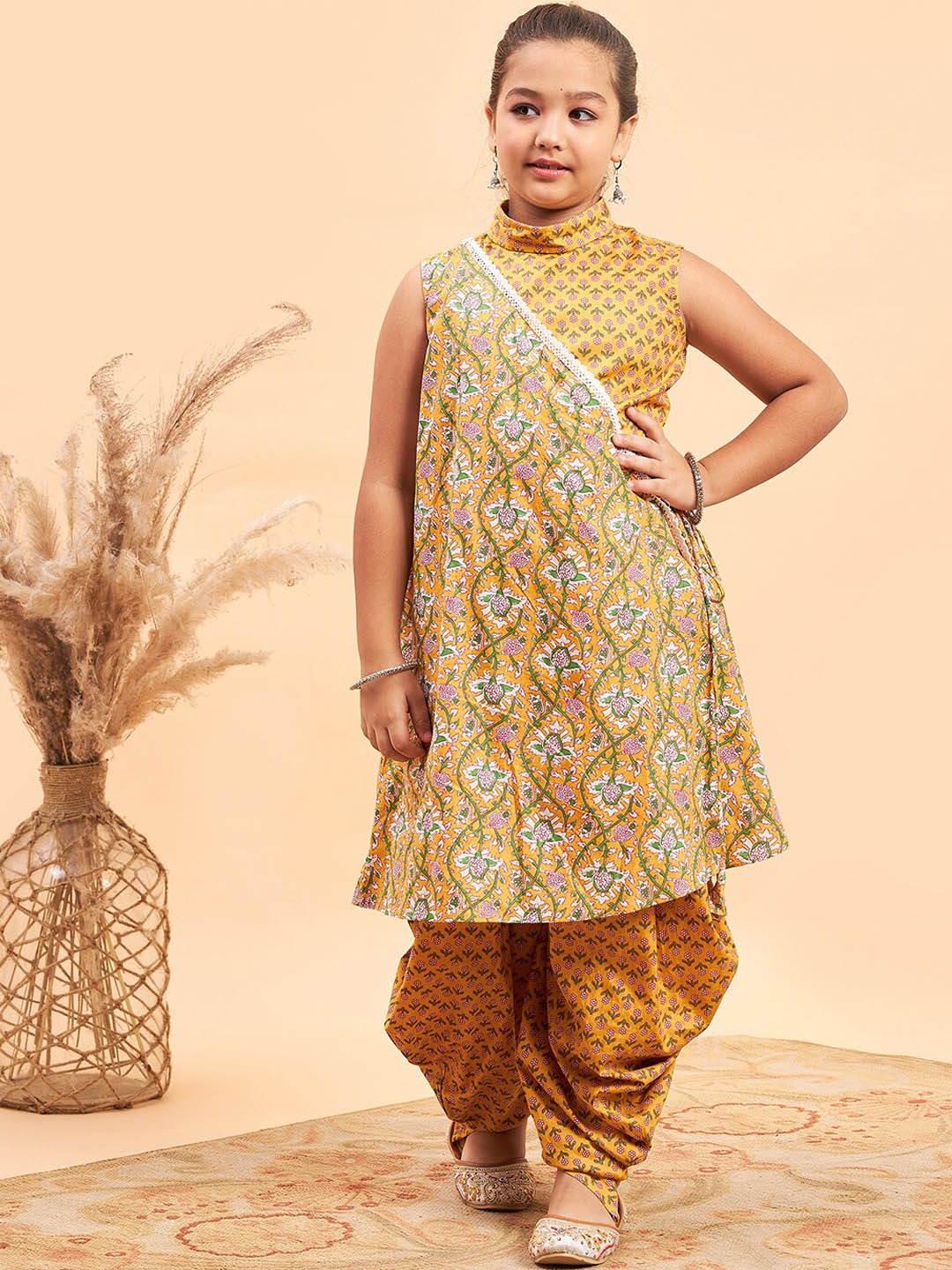 Stylo Bug Girls Ethnic Motifs Printed Angrakha Gotta Patti Pure Cotton Kurti with Salwar, Yellow
Stylo Bug Girls Ethnic Motifs Printed Angrakha Gotta Patti Pure Cotton Kurti with Salwar, Yellow
