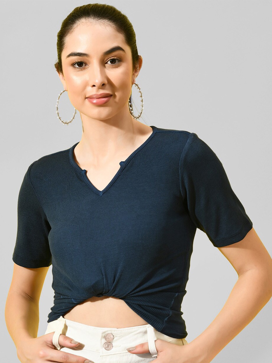 CHARMGAL V-Neck Ribbed Crop Top, Navy blue