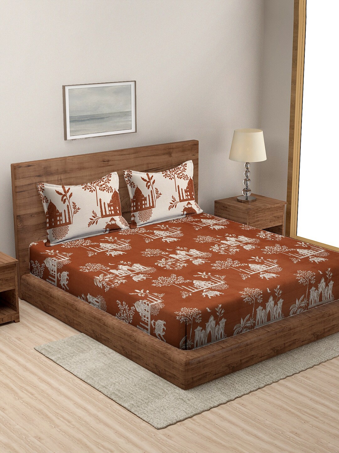 Rajasthan Decor Rust & Cream Printed Cotton 160 TC King Bedsheet with 2 Pillow Covers
Rajasthan Decor Rust & Cream Printed Cotton 160 TC King Bedsheet with 2 Pillow Covers