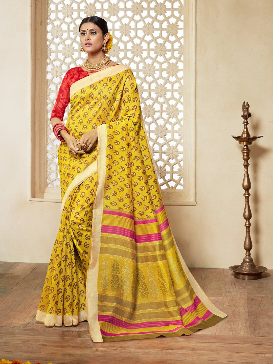 Shaily Ethnic Motifs Printed Silk Cotton Saree, Yellow