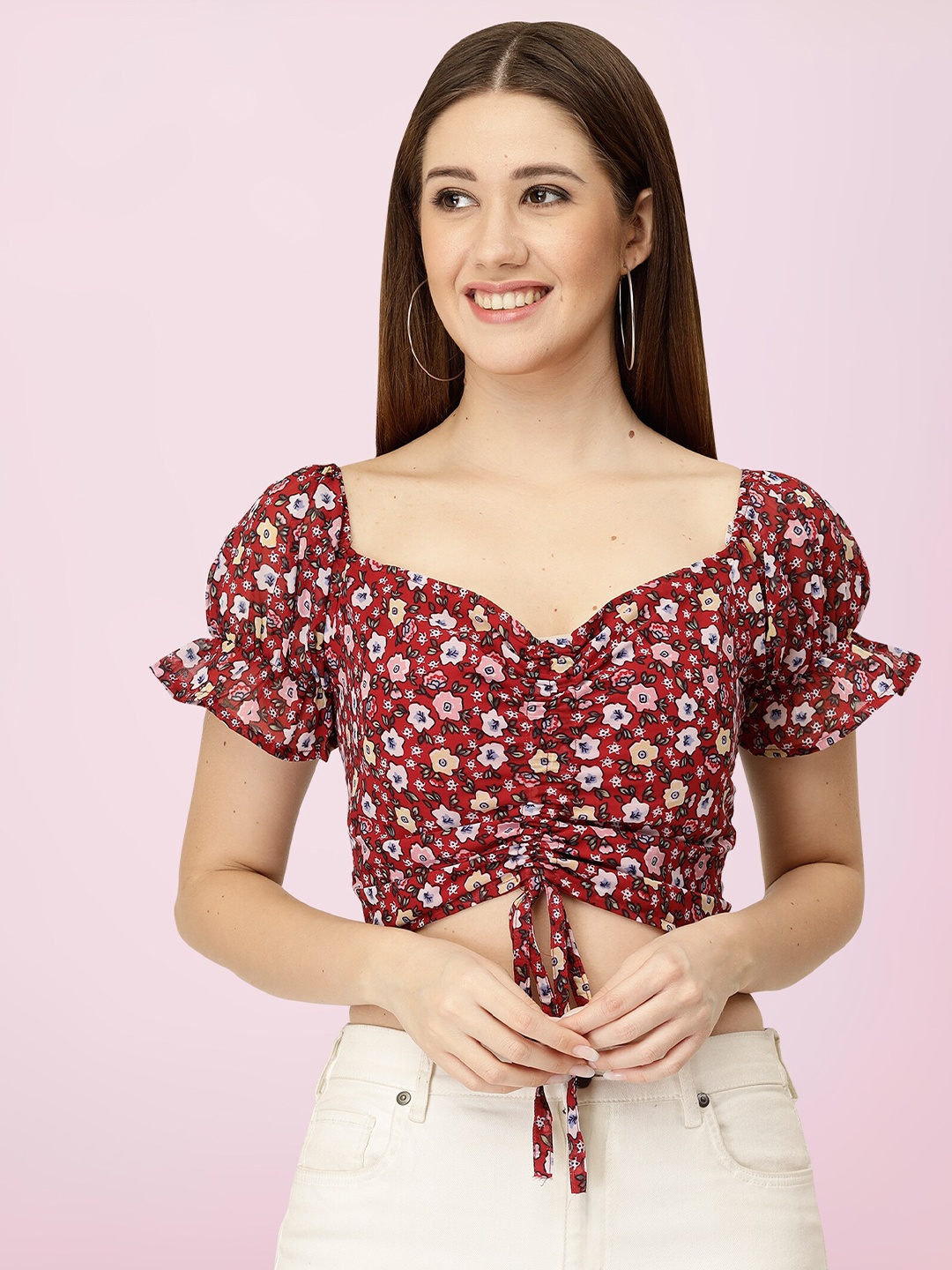 BAESD Floral Printed Sweetheart Neck Georgette Crop Top, Maroon