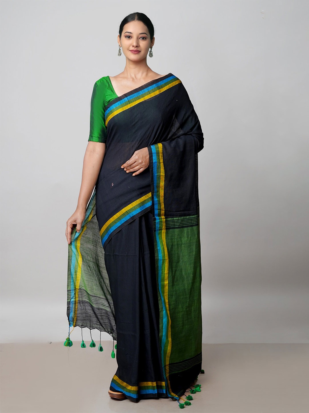 Unnati Silks Pure Linen Jamdani Saree, Black