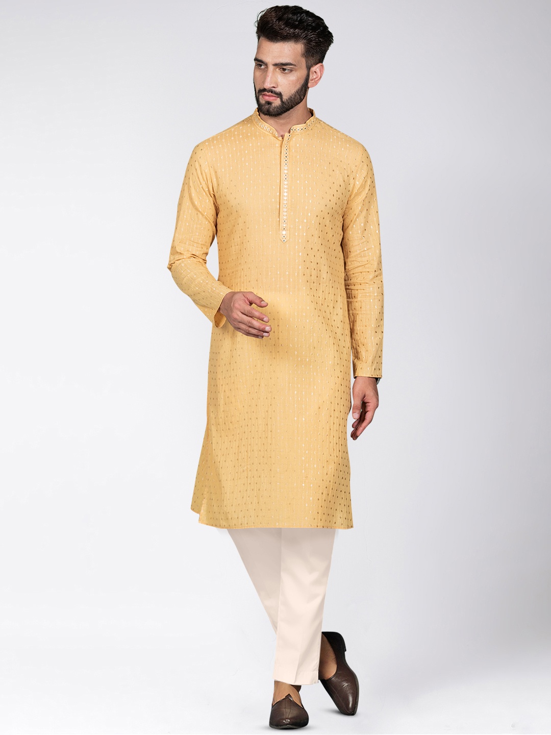 KISAH Mandarin Collar Self Design Striped Regular Thread Work Kurta with Trousers, Yellow
KISAH Mandarin Collar Self Design Striped Regular Thread Work Kurta with Trousers, Yellow