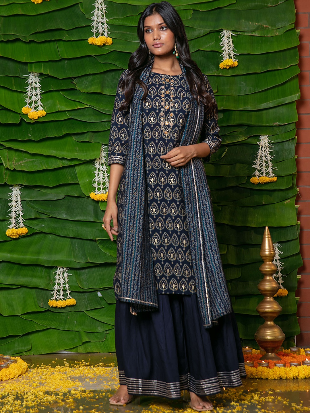 RAISIN Ethnic Motifs Printed Sequined Pure Cotton Straight Kurta with Sharara And Dupatta, Navy blue
RAISIN Ethnic Motifs Printed Sequined Pure Cotton Straight Kurta with Sharara And Dupatta, Navy blue