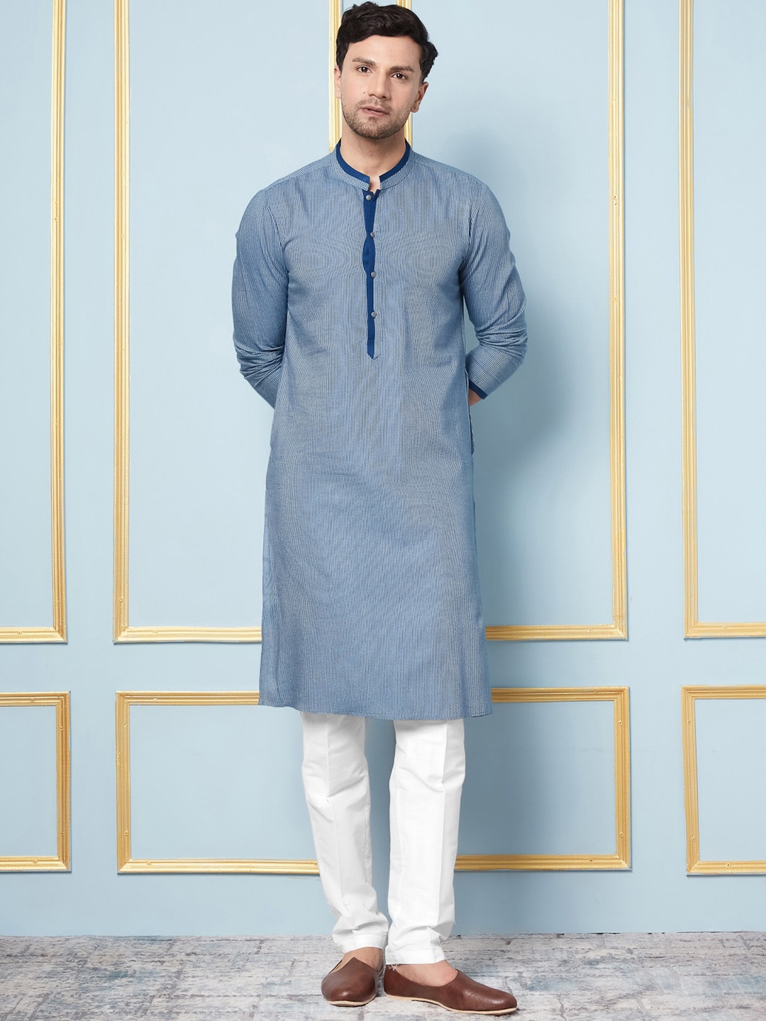 See Designs Striped Regular Mandarin Collar Three-Quarter Sleeves Cotton Kurta Set, Blue
See Designs Striped Regular Mandarin Collar Three-Quarter Sleeves Cotton Kurta Set, Blue
