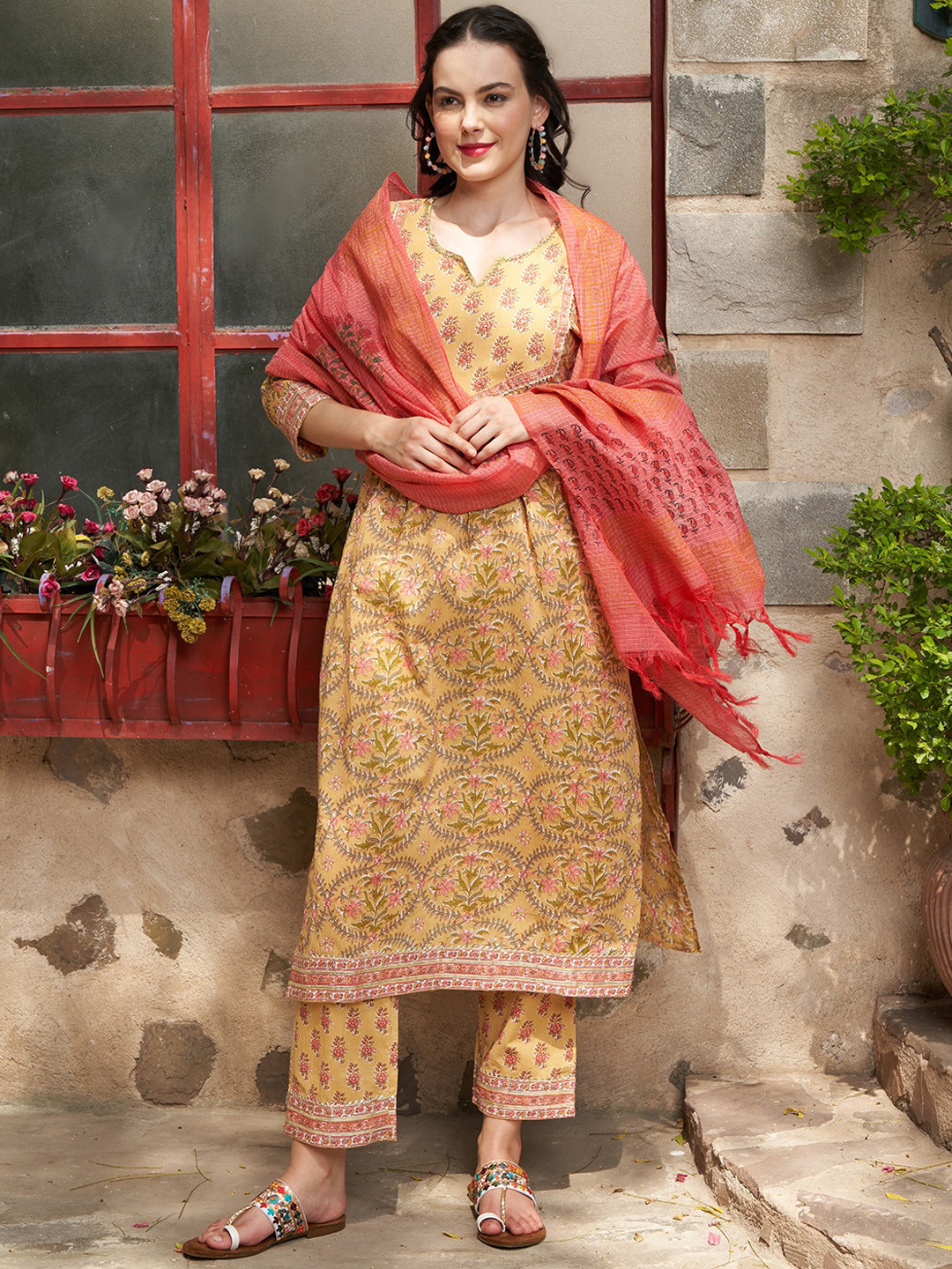 Sangria Printed Pure Cotton Straight Kurta With Trouser & Dupatta, Mustard 
Sangria Printed Pure Cotton Straight Kurta With Trouser & Dupatta, Mustard