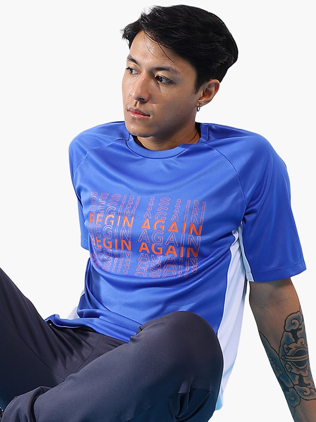 Virgio Typography Printed Round Neck Regular T-shirt, Blue
