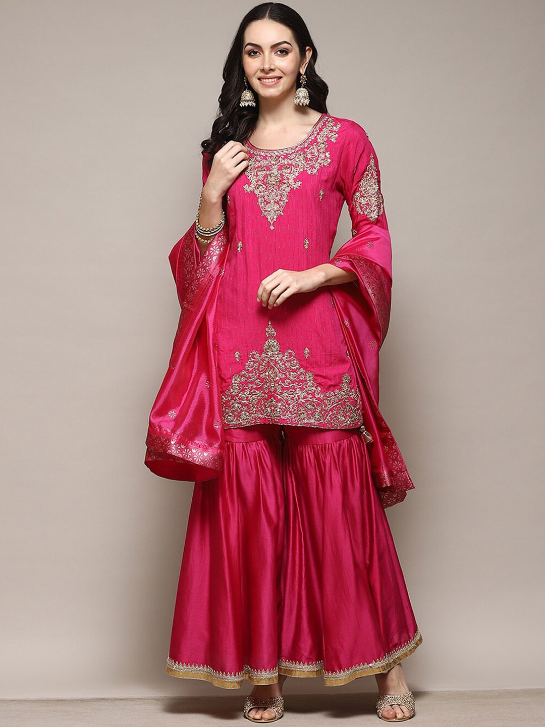 Biba Ethnic Motifs Embroidered Sequined Thread Work Kurta with Sharara And Dupatta, Fuchsia
Biba Ethnic Motifs Embroidered Sequined Thread Work Kurta with Sharara And Dupatta, Fuchsia