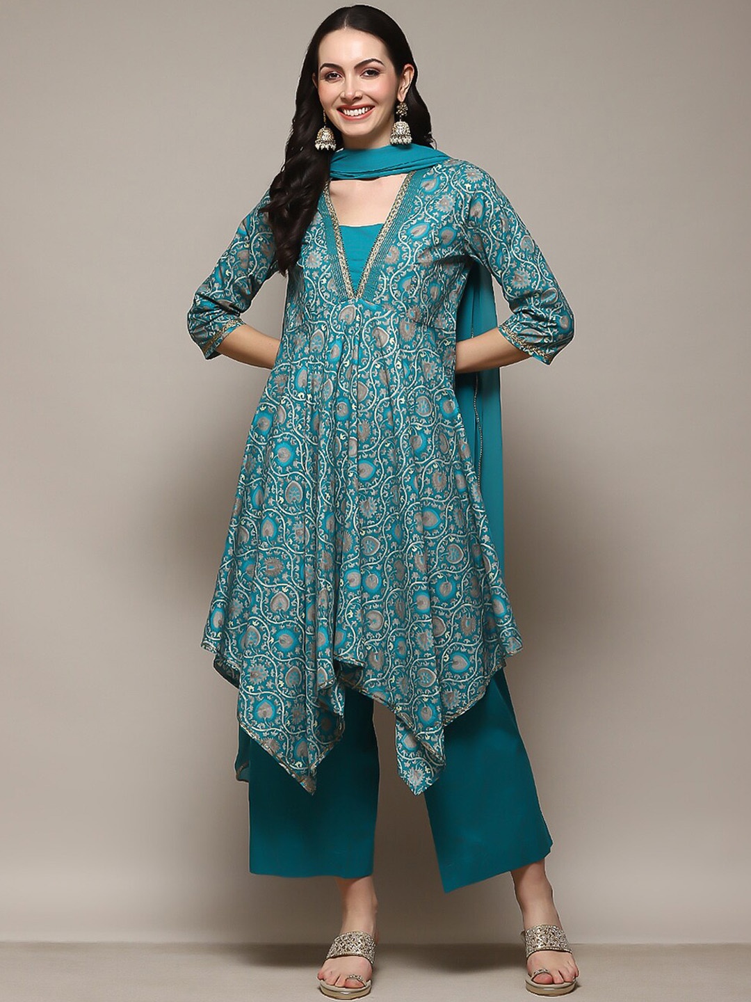 Biba Ethnic Motifs Printed Beads and Lace Detail A-Line Kurta with Palazzos And Dupatta, Turquoise blue
Biba Ethnic Motifs Printed Beads and Lace Detail A-Line Kurta with Palazzos And Dupatta, Turquoise blue