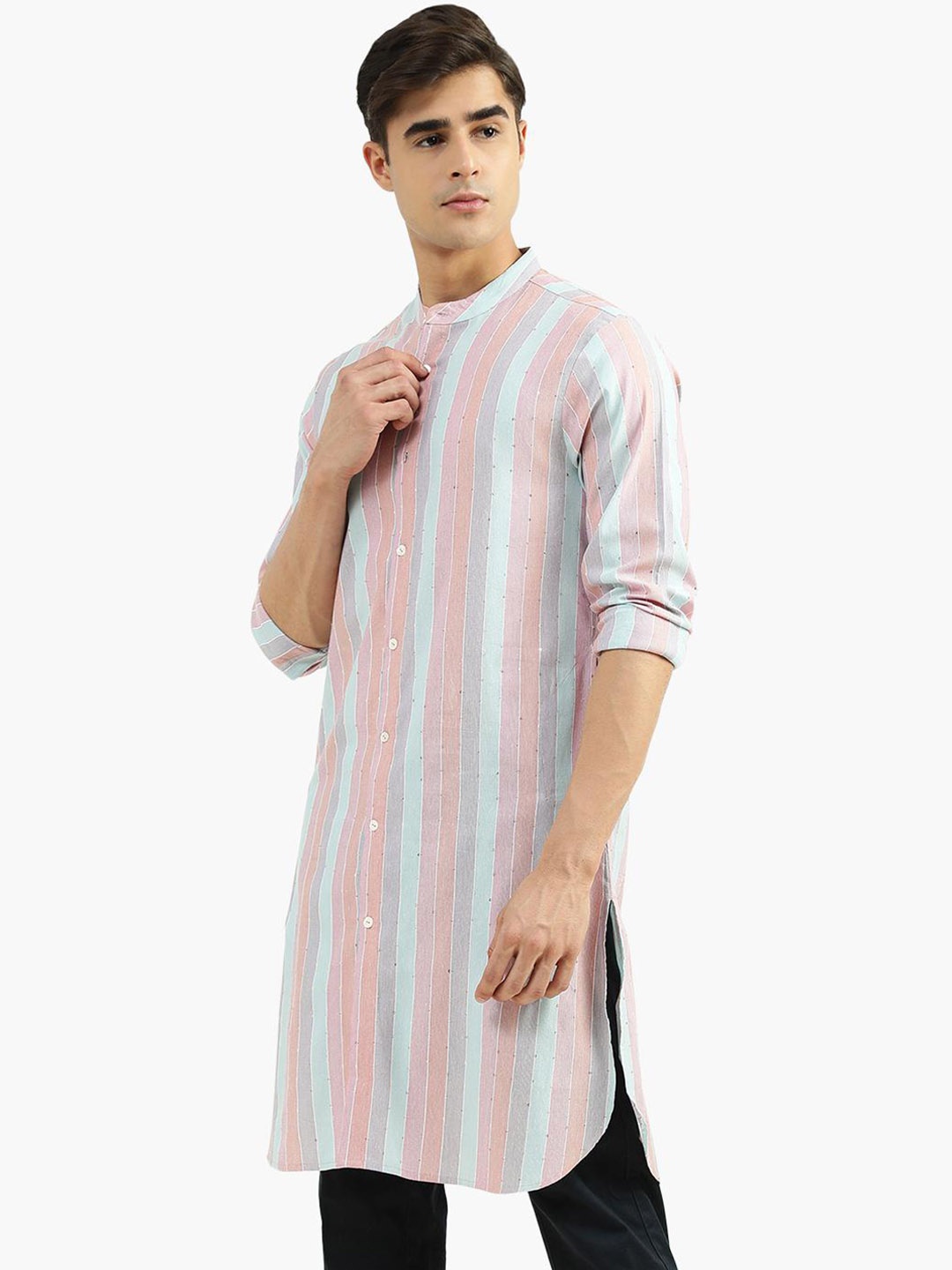 Virgio Striped Mandarin Collar Sequinned Cotton Kurta, Pink
