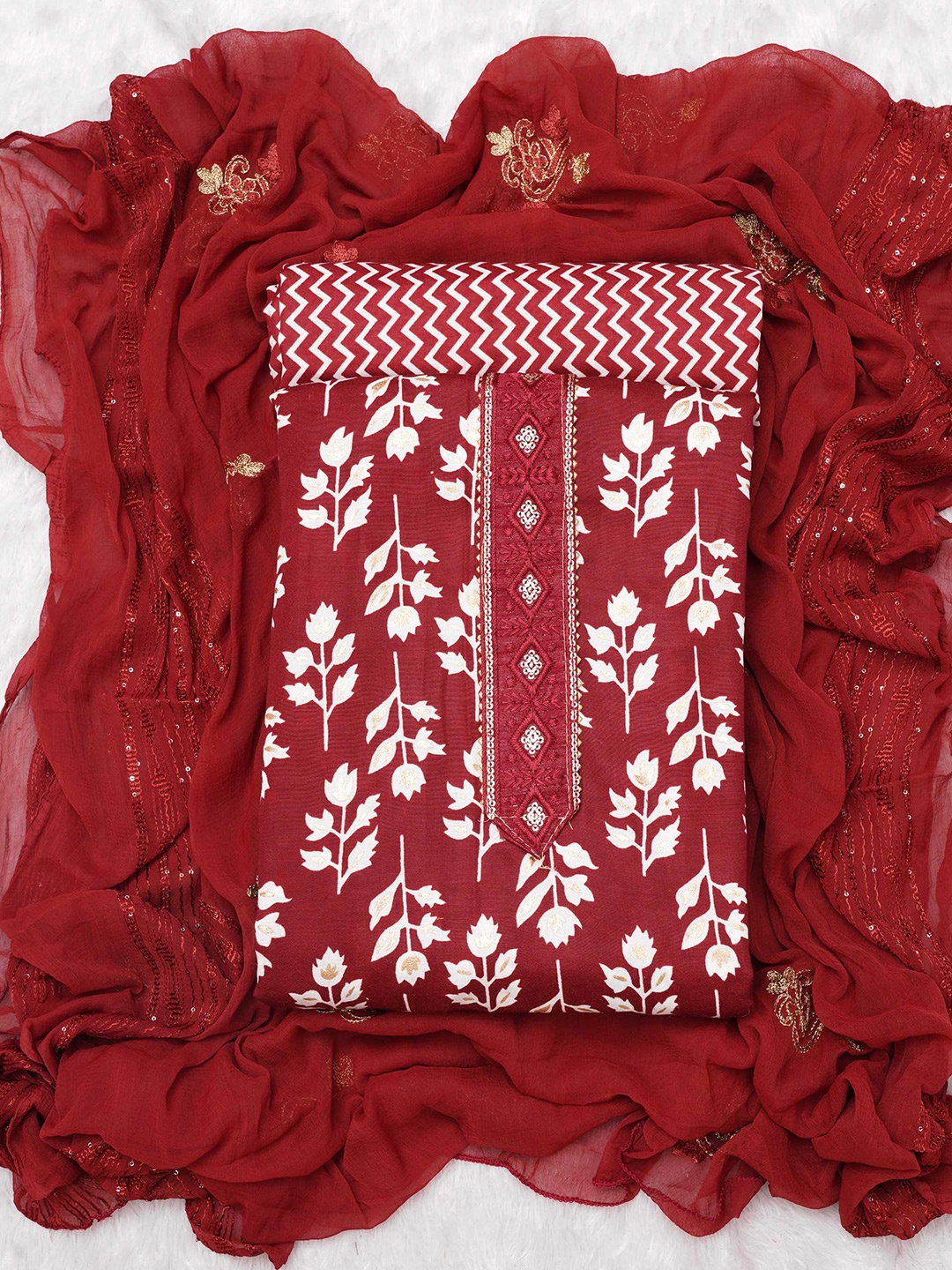 KALINI Printed Art Silk Unstitched Dress Material, Red