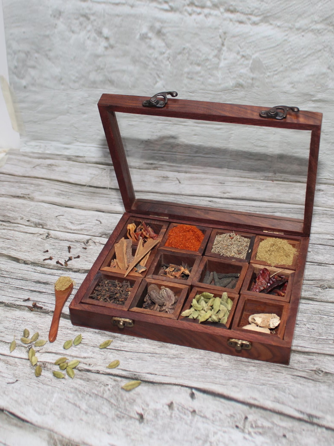 SHREE KALA HOME DECOR Brown Wooden Spice Box With Spoon