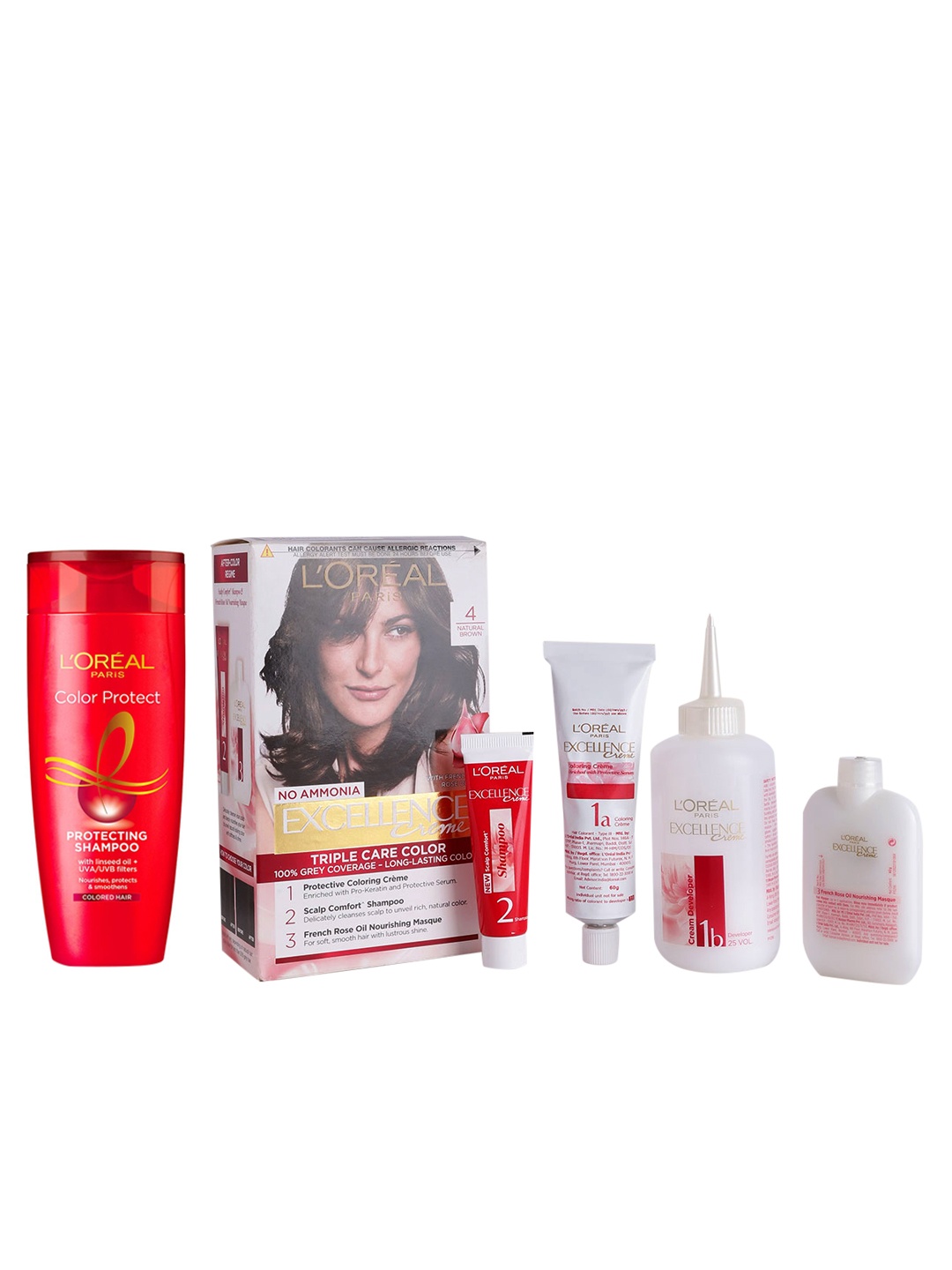 LOreal Paris Color Protect Shampoo 180ml & Excellence Creme Hair Color - Natural Brown 04, Red
LOreal Paris Color Protect Shampoo 180ml & Excellence Creme Hair Color - Natural Brown 04, Red
