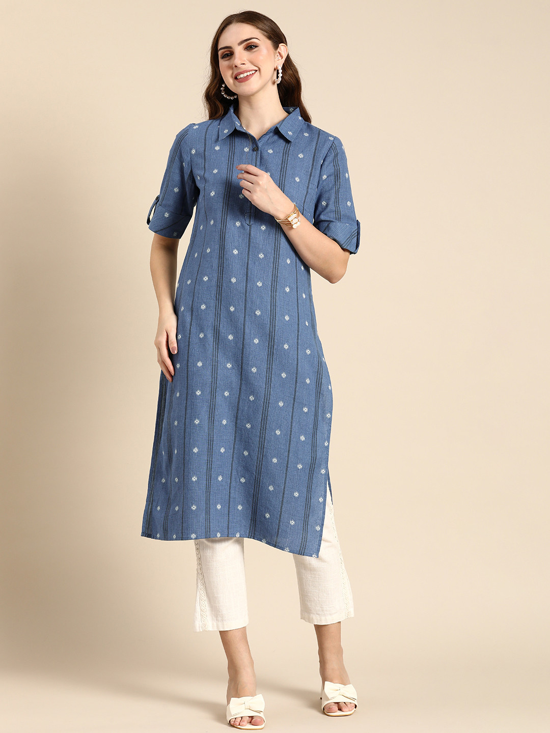 Anouk Roll-Up Sleeves Dobby Pathani Pure Cotton Kurta, Blue 
Anouk Roll-Up Sleeves Dobby Pathani Pure Cotton Kurta, Blue