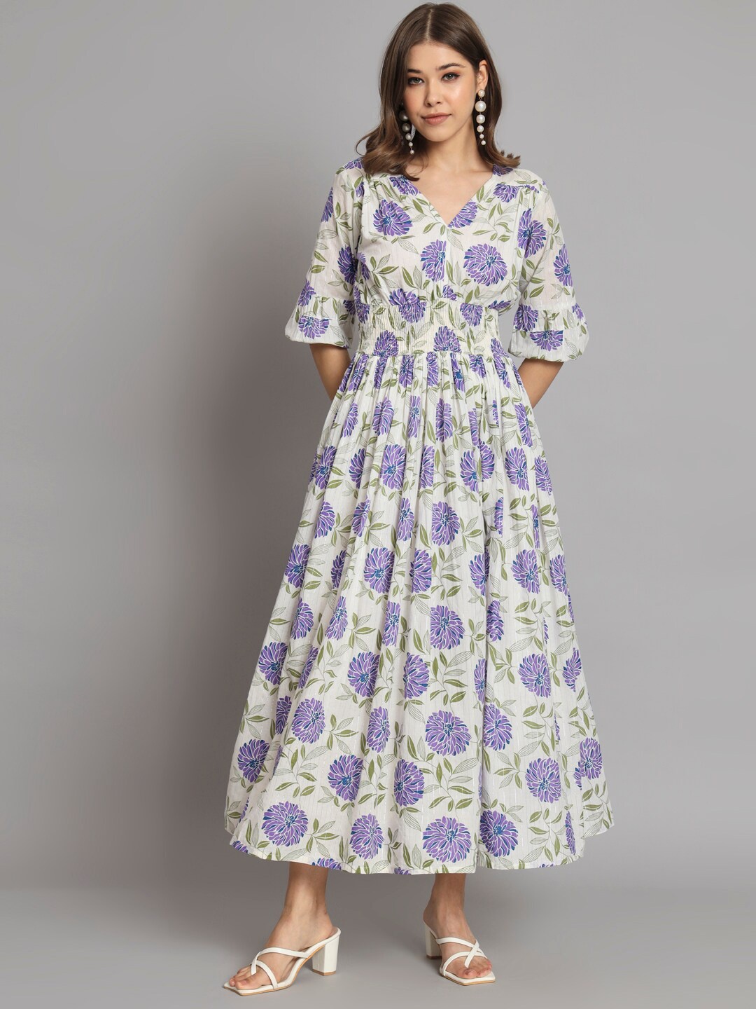 KALINI Floral Printed Puff Sleeves Smocked Detail Cotton Fit & Flare Midi Ethnic Dress, White
KALINI Floral Printed Puff Sleeves Smocked Detail Cotton Fit & Flare Midi Ethnic Dress, White