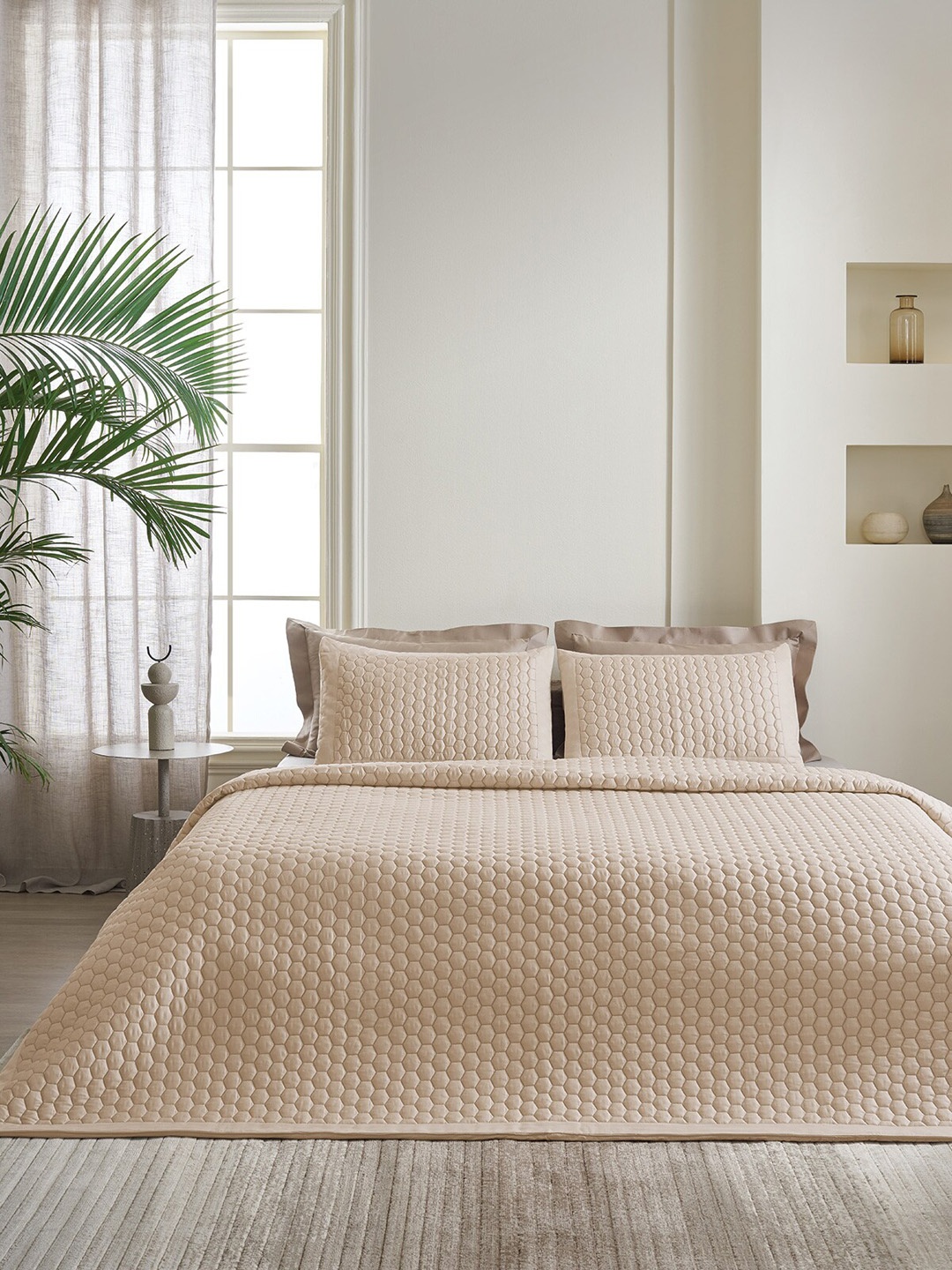 DDecor Beige Embroidered Cotton 210 TC Double Bed Comforter With 2 Pillow Covers