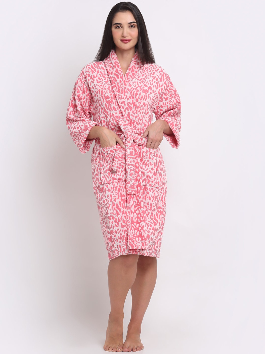 Creeva Unisex Leopard Print Small Size Bathrobe, Pink
