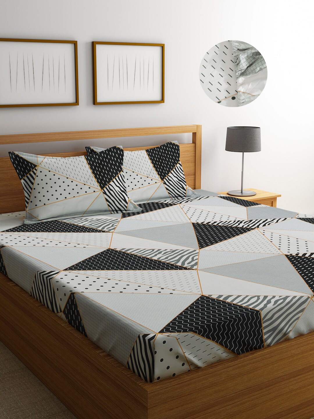 FABINALIV Black & Grey Geometric Print 300 TC Fitted Super King Bedsheet & 2 Pillow Covers
FABINALIV Black & Grey Geometric Print 300 TC Fitted Super King Bedsheet & 2 Pillow Covers