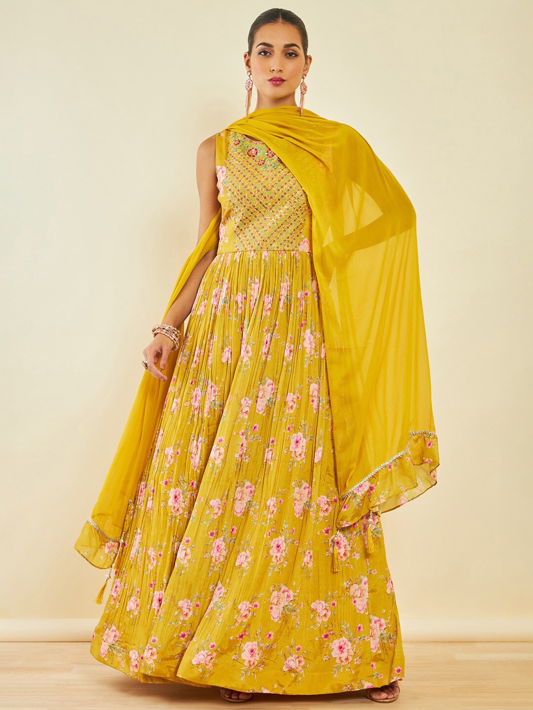Soch Mustard Yellow Floral Printed Sequinned Anarkali Kurta With Churidar & Dupatta
Soch Mustard Yellow Floral Printed Sequinned Anarkali Kurta With Churidar & Dupatta