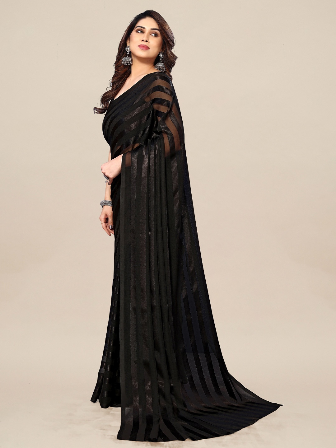 ANAND SAREES Striped Satin Belted Saree, Black