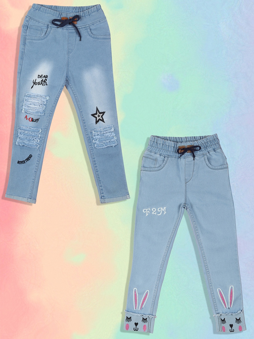 A-Okay Girls Pack Of 2 Slim Fit High-Rise Highly Distressed Embroidered Cotton Jeans, Blue
A-Okay Girls Pack Of 2 Slim Fit High-Rise Highly Distressed Embroidered Cotton Jeans, Blue